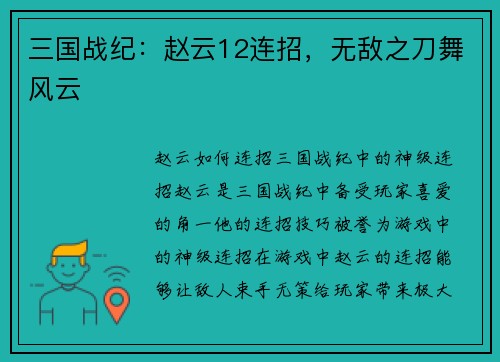 三国战纪：赵云12连招，无敌之刀舞风云