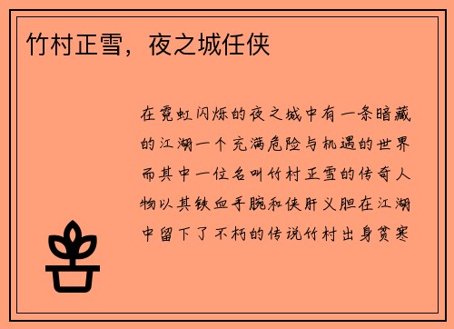 竹村正雪，夜之城任侠