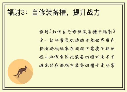 辐射3：自修装备槽，提升战力